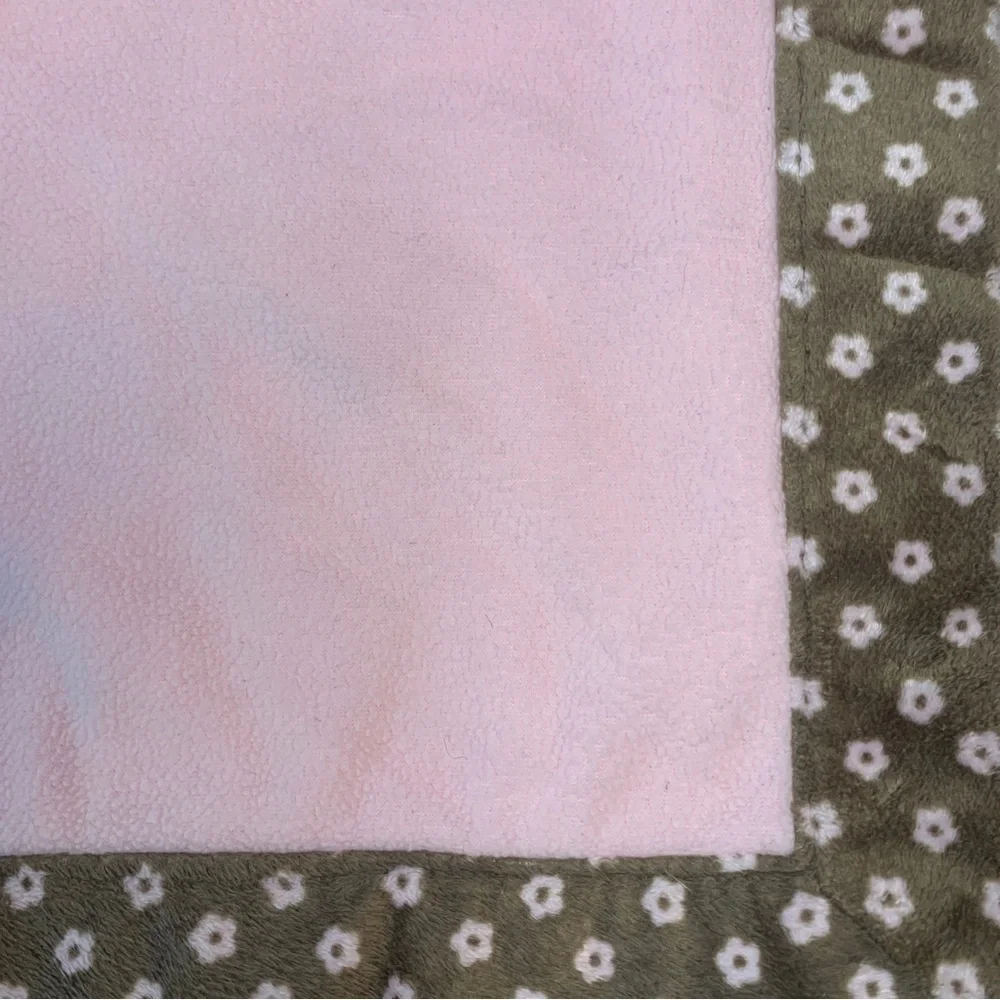 Just Born Pink Plush Baby Blanket Olive Green Floral Daisy Trim‎ Fleece 1614